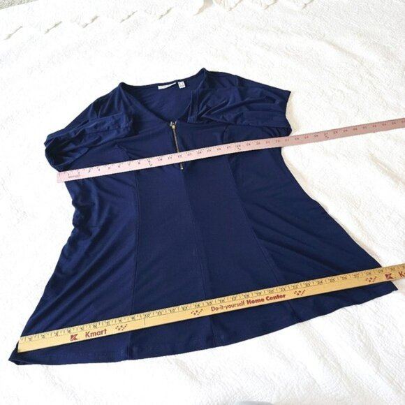 Susan Graver Women's Blouse Size 1X Navy Blue Gold Zipper Office Stretchy V Neck - Picture 13 of 14